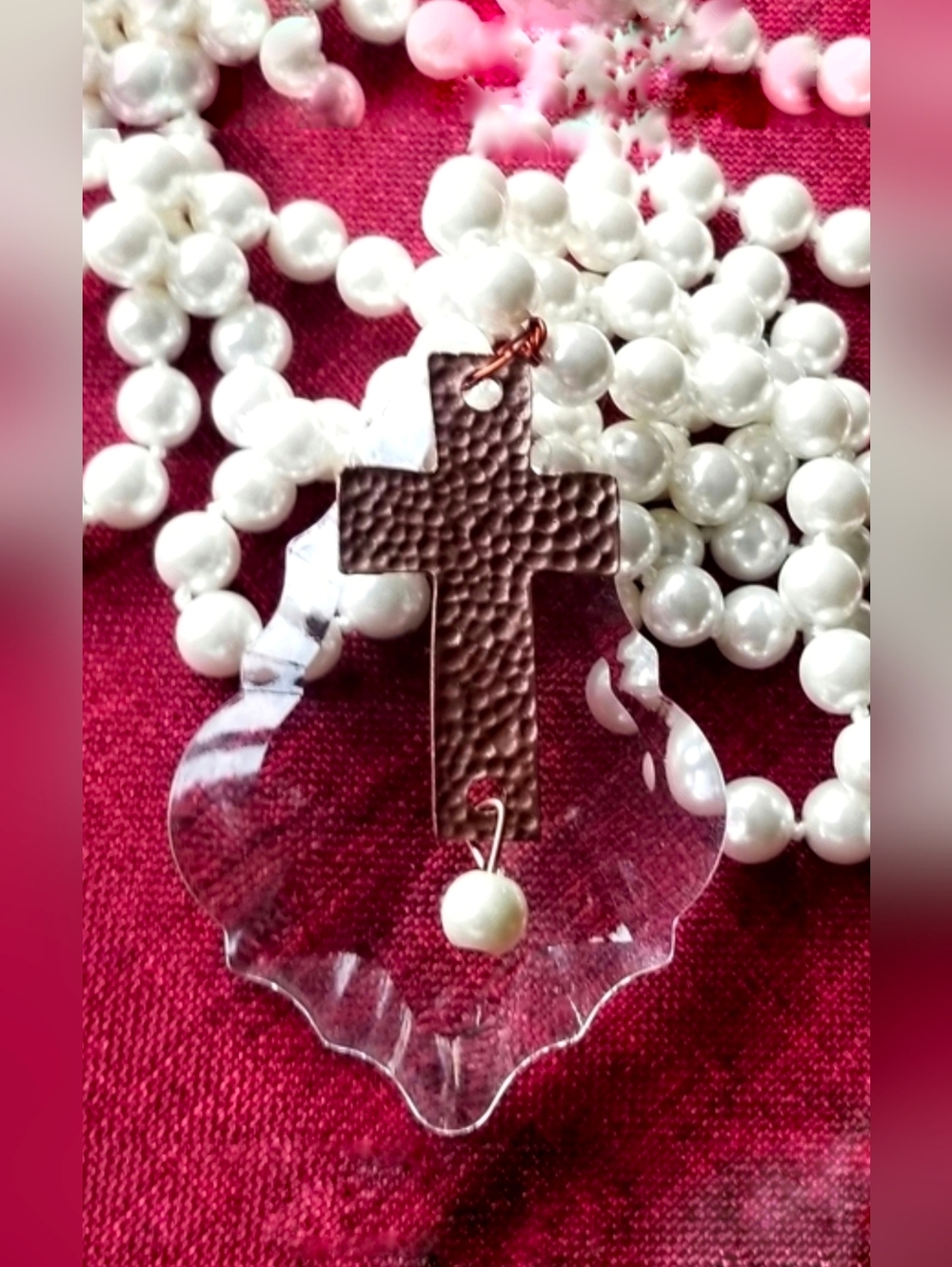 Hammered Copper Cross Over Large Lucite Pendant On Long White Pearl Strand